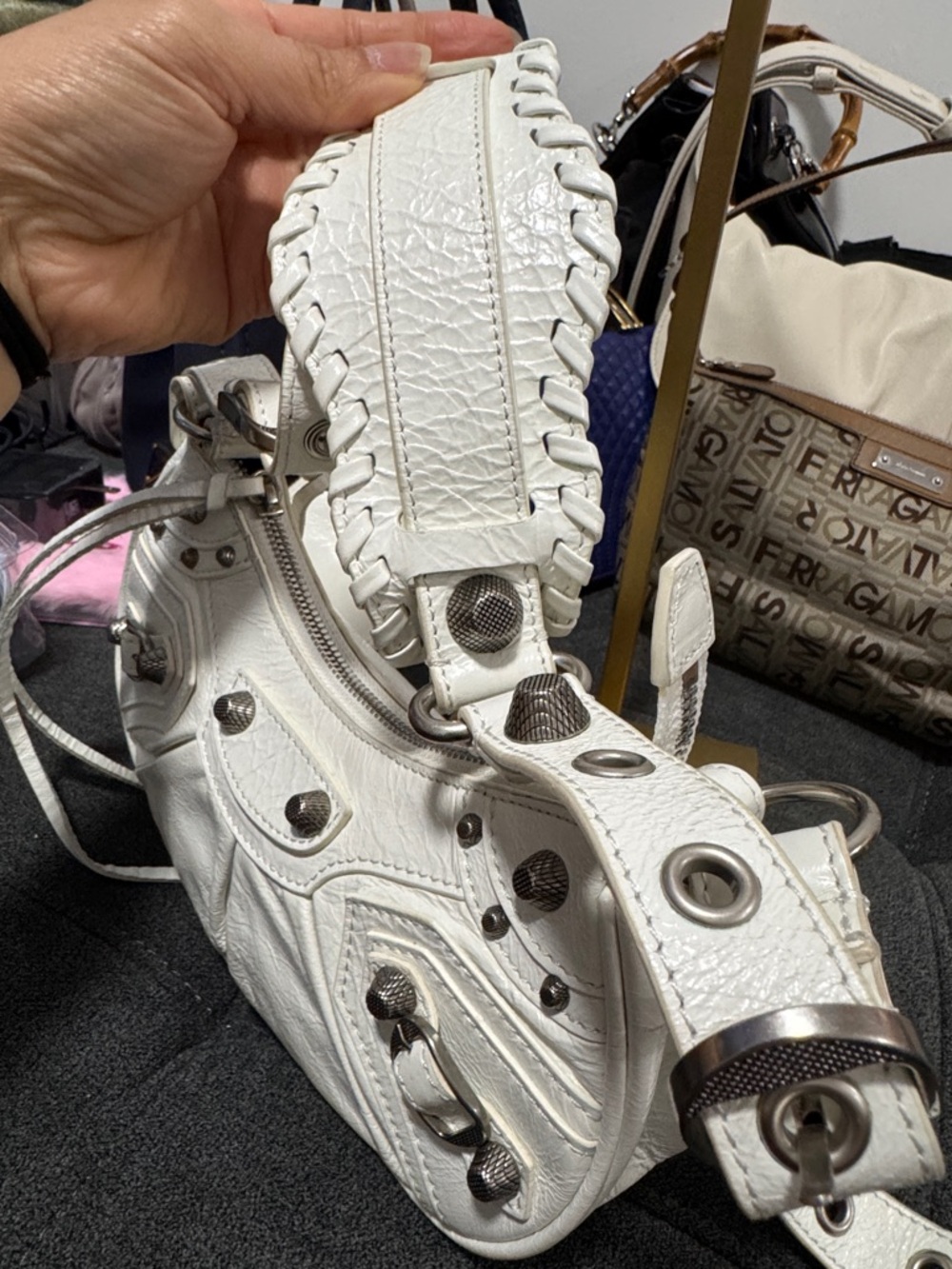 Balenciaga White Leather Stud-Accent Shoulder Bag - Picture 2 of 10